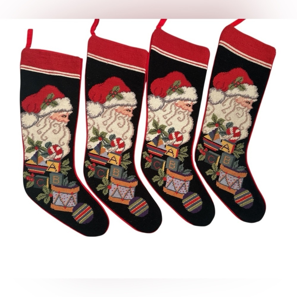 Vtg Set 4 Imperial Elegance Wool Needlepoint Christmas Stocking Old World Santa